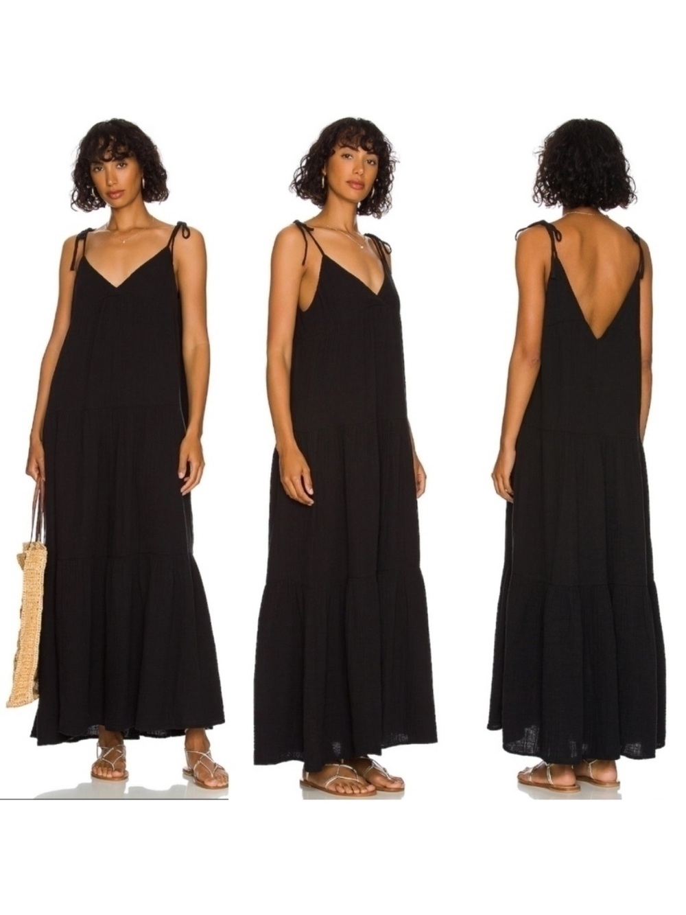 L*Space Ava Dress Gauze Midi In Black Size Large V-Neck